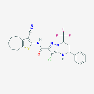 molecular formula C24H21ClF3N5OS B444290 3-chloro-N-(3-cyano-5,6,7,8-tetrahydro-4H-cyclohepta[b]thiophen-2-yl)-5-phenyl-7-(trifluoromethyl)-4,5,6,7-tetrahydropyrazolo[1,5-a]pyrimidine-2-carboxamide 