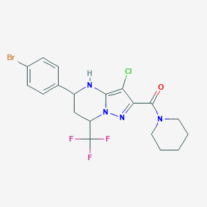 molecular formula C19H19BrClF3N4O B444296 5-(4-Bromophenyl)-3-chloro-2-(1-piperidinylcarbonyl)-7-(trifluoromethyl)-4,5,6,7-tetrahydropyrazolo[1,5-a]pyrimidine 