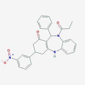 molecular formula C28H25N3O4 B444333 3-{3-nitrophenyl}-11-phenyl-10-propionyl-2,3,4,5,10,11-hexahydro-1H-dibenzo[b,e][1,4]diazepin-1-one 
