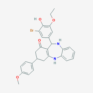 molecular formula C28H27BrN2O4 B444344 11-(3-bromo-5-ethoxy-4-hydroxyphenyl)-3-(4-methoxyphenyl)-2,3,4,5,10,11-hexahydro-1H-dibenzo[b,e][1,4]diazepin-1-one 