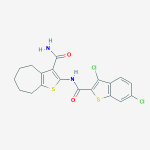 molecular formula C19H16Cl2N2O2S2 B444355 2-{[(3,6-dichloro-1-benzothiophen-2-yl)carbonyl]amino}-5,6,7,8-tetrahydro-4H-cyclohepta[b]thiophene-3-carboxamide 