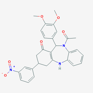 5-acetyl-6-(3,4-dimethoxyphenyl)-9-(3-nitrophenyl)-8,9,10,11-tetrahydro-6H-benzo[b][1,4]benzodiazepin-7-one