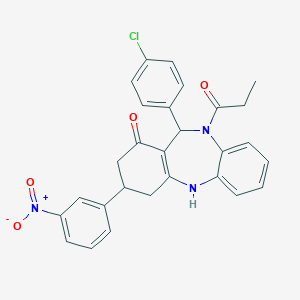 molecular formula C28H24ClN3O4 B444370 6-(4-chlorophenyl)-9-(3-nitrophenyl)-5-propanoyl-8,9,10,11-tetrahydro-6H-benzo[b][1,4]benzodiazepin-7-one CAS No. 354538-73-1