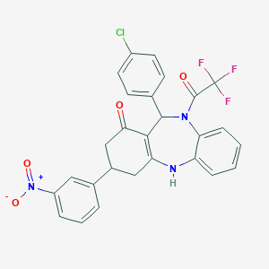 molecular formula C27H19ClF3N3O4 B444376 6-(4-chlorophenyl)-9-(3-nitrophenyl)-5-(2,2,2-trifluoroacetyl)-8,9,10,11-tetrahydro-6H-benzo[b][1,4]benzodiazepin-7-one 