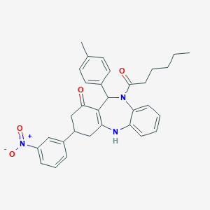 molecular formula C32H33N3O4 B444379 10-hexanoyl-11-(4-methylphenyl)-3-(3-nitrophenyl)-2,3,4,5,10,11-hexahydro-1H-dibenzo[b,e][1,4]diazepin-1-one 