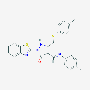 molecular formula C26H22N4OS2 B444381 (4E)-2-(1,3-benzothiazol-2-yl)-4-{[(4-methylphenyl)amino]methylidene}-5-{[(4-methylphenyl)sulfanyl]methyl}-2,4-dihydro-3H-pyrazol-3-one CAS No. 351162-21-5