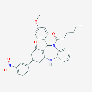 molecular formula C32H33N3O5 B444382 5-hexanoyl-6-(4-methoxyphenyl)-9-(3-nitrophenyl)-8,9,10,11-tetrahydro-6H-benzo[b][1,4]benzodiazepin-7-one 