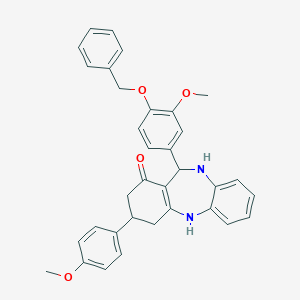 molecular formula C34H32N2O4 B444383 9-(4-Methoxyphenyl)-6-(3-methoxy-4-phenylmethoxyphenyl)-5,6,8,9,10,11-hexahydrobenzo[b][1,4]benzodiazepin-7-one CAS No. 6046-47-5