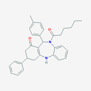 molecular formula C32H34N2O2 B444385 5-hexanoyl-6-(4-methylphenyl)-9-phenyl-8,9,10,11-tetrahydro-6H-benzo[b][1,4]benzodiazepin-7-one CAS No. 374544-45-3
