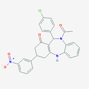 molecular formula C27H22ClN3O4 B444405 10-acetyl-11-(4-chlorophenyl)-3-(3-nitrophenyl)-2,3,4,5,10,11-hexahydro-1H-dibenzo[b,e][1,4]diazepin-1-one 