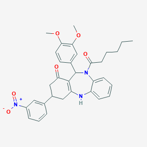 molecular formula C33H35N3O6 B444435 6-(3,4-dimethoxyphenyl)-5-hexanoyl-9-(3-nitrophenyl)-8,9,10,11-tetrahydro-6H-benzo[b][1,4]benzodiazepin-7-one 