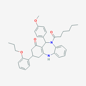 molecular formula C35H40N2O4 B444437 5-hexanoyl-6-(4-methoxyphenyl)-9-(2-propoxyphenyl)-8,9,10,11-tetrahydro-6H-benzo[b][1,4]benzodiazepin-7-one 