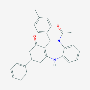 molecular formula C28H26N2O2 B444443 10-Acetyl-11-(4-methylphenyl)-3-phenyl-2,3,4,5,10,11-hexahydro-1H-dibenzo[b,E][1,4]diazepin-1-one 