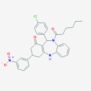 molecular formula C31H30ClN3O4 B444448 6-(4-chlorophenyl)-5-hexanoyl-9-(3-nitrophenyl)-8,9,10,11-tetrahydro-6H-benzo[b][1,4]benzodiazepin-7-one 