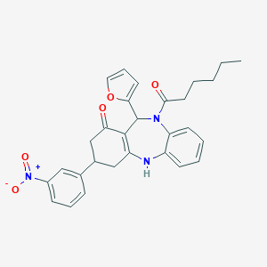 6-(furan-2-yl)-5-hexanoyl-9-(3-nitrophenyl)-8,9,10,11-tetrahydro-6H-benzo[b][1,4]benzodiazepin-7-one