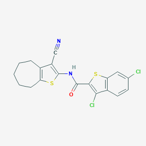 molecular formula C19H14Cl2N2OS2 B444452 3,6-dichloro-N-(3-cyano-5,6,7,8-tetrahydro-4H-cyclohepta[b]thiophen-2-yl)-1-benzothiophene-2-carboxamide 