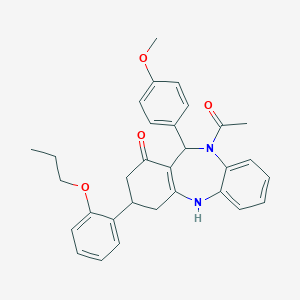 molecular formula C31H32N2O4 B444456 10-acetyl-11-(4-methoxyphenyl)-3-(2-propoxyphenyl)-2,3,4,5,10,11-hexahydro-1H-dibenzo[b,e][1,4]diazepin-1-one 