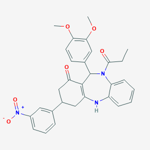 molecular formula C30H29N3O6 B444457 6-(3,4-dimethoxyphenyl)-9-(3-nitrophenyl)-5-propanoyl-8,9,10,11-tetrahydro-6H-benzo[b][1,4]benzodiazepin-7-one CAS No. 354539-50-7
