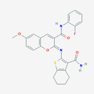 molecular formula C26H22FN3O4S B444511 2-{[3-(aminocarbonyl)-4,5,6,7-tetrahydro-1-benzothien-2-yl]imino}-N-(2-fluorophenyl)-6-methoxy-2H-chromene-3-carboxamide 