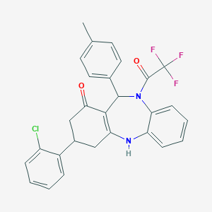 molecular formula C28H22ClF3N2O2 B444513 9-(2-chlorophenyl)-6-(4-methylphenyl)-5-(2,2,2-trifluoroacetyl)-8,9,10,11-tetrahydro-6H-benzo[b][1,4]benzodiazepin-7-one CAS No. 351163-01-4