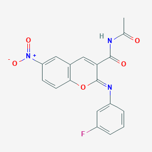 molecular formula C18H12FN3O5 B444542 N-acetyl-2-[(3-fluorophenyl)imino]-6-nitro-2H-chromene-3-carboxamide 