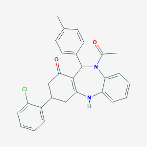 molecular formula C28H25ClN2O2 B444544 5-acetyl-9-(2-chlorophenyl)-6-(4-methylphenyl)-8,9,10,11-tetrahydro-6H-benzo[b][1,4]benzodiazepin-7-one CAS No. 351163-00-3