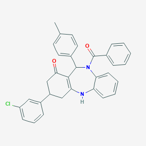 molecular formula C33H27ClN2O2 B444562 5-benzoyl-9-(3-chlorophenyl)-6-(4-methylphenyl)-8,9,10,11-tetrahydro-6H-benzo[b][1,4]benzodiazepin-7-one CAS No. 351162-97-5