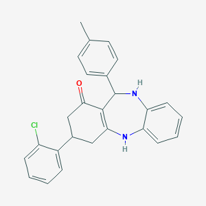 molecular formula C26H23ClN2O B444578 9-(2-Chlorophenyl)-6-(4-methylphenyl)-5,6,8,9,10,11-hexahydrobenzo[b][1,4]benzodiazepin-7-one CAS No. 351162-99-7