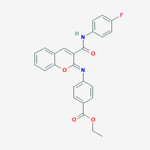 molecular formula C25H19FN2O4 B444619 ethyl 4-({3-[(4-fluoroanilino)carbonyl]-2H-chromen-2-ylidene}amino)benzoate 