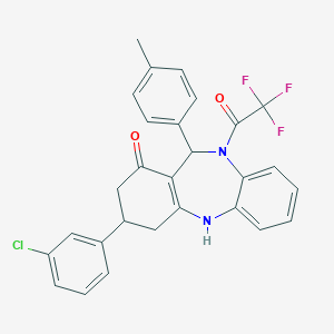 molecular formula C28H22ClF3N2O2 B444642 9-(3-chlorophenyl)-6-(4-methylphenyl)-5-(2,2,2-trifluoroacetyl)-8,9,10,11-tetrahydro-6H-benzo[b][1,4]benzodiazepin-7-one CAS No. 351162-98-6