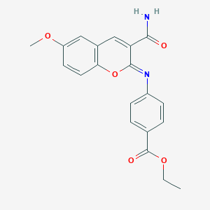 molecular formula C20H18N2O5 B444660 (Z)-ethyl 4-((3-carbamoyl-6-methoxy-2H-chromen-2-ylidene)amino)benzoate CAS No. 330157-58-9