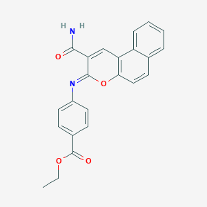 molecular formula C23H18N2O4 B444714 ethyl 4-{[2-(aminocarbonyl)-3H-benzo[f]chromen-3-ylidene]amino}benzoate 