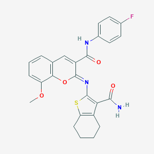 molecular formula C26H22FN3O4S B444718 2-{[3-(aminocarbonyl)-4,5,6,7-tetrahydro-1-benzothien-2-yl]imino}-N-(4-fluorophenyl)-8-methoxy-2H-chromene-3-carboxamide 