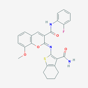 molecular formula C26H22FN3O4S B444738 2-{[3-(aminocarbonyl)-4,5,6,7-tetrahydro-1-benzothien-2-yl]imino}-N-(2-fluorophenyl)-8-methoxy-2H-chromene-3-carboxamide 