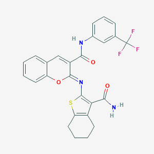 molecular formula C26H20F3N3O3S B444755 2-{[3-(aminocarbonyl)-4,5,6,7-tetrahydro-1-benzothien-2-yl]imino}-N-[3-(trifluoromethyl)phenyl]-2H-chromene-3-carboxamide 