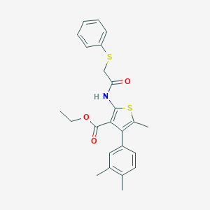 molecular formula C24H25NO3S2 B444766 Ethyl 4-(3,4-dimethylphenyl)-5-methyl-2-{[(phenylsulfanyl)acetyl]amino}-3-thiophenecarboxylate 