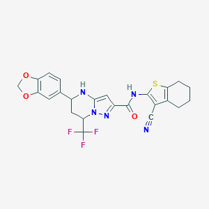 molecular formula C24H20F3N5O3S B445039 5-(1,3-benzodioxol-5-yl)-N-(3-cyano-4,5,6,7-tetrahydro-1-benzothiophen-2-yl)-7-(trifluoromethyl)-4,5,6,7-tetrahydropyrazolo[1,5-a]pyrimidine-2-carboxamide 