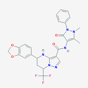 molecular formula C26H23F3N6O4 B445049 5-(1,3-benzodioxol-5-yl)-N-(1,5-dimethyl-3-oxo-2-phenyl-2,3-dihydro-1H-pyrazol-4-yl)-7-(trifluoromethyl)-4,5,6,7-tetrahydropyrazolo[1,5-a]pyrimidine-3-carboxamide 