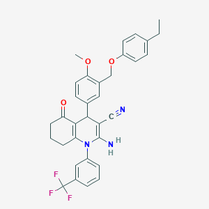 molecular formula C33H30F3N3O3 B445052 2-Amino-4-{3-[(4-ethylphenoxy)methyl]-4-methoxyphenyl}-5-oxo-1-[3-(trifluoromethyl)phenyl]-1,4,5,6,7,8-hexahydro-3-quinolinecarbonitrile 