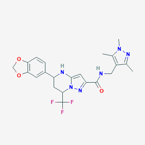 molecular formula C22H23F3N6O3 B445078 5-(1,3-benzodioxol-5-yl)-7-(trifluoromethyl)-N-[(1,3,5-trimethyl-1H-pyrazol-4-yl)methyl]-4,5,6,7-tetrahydropyrazolo[1,5-a]pyrimidine-2-carboxamide 
