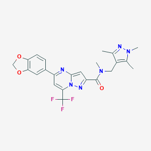 molecular formula C23H21F3N6O3 B445084 5-(1,3-benzodioxol-5-yl)-N-methyl-7-(trifluoromethyl)-N-[(1,3,5-trimethyl-1H-pyrazol-4-yl)methyl]pyrazolo[1,5-a]pyrimidine-2-carboxamide 