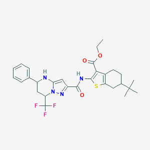 molecular formula C29H33F3N4O3S B445085 Ethyl 6-tert-butyl-2-({[5-phenyl-7-(trifluoromethyl)-4,5,6,7-tetrahydropyrazolo[1,5-a]pyrimidin-2-yl]carbonyl}amino)-4,5,6,7-tetrahydro-1-benzothiophene-3-carboxylate 