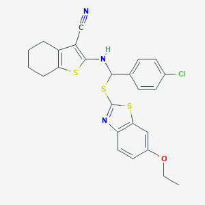molecular formula C25H22ClN3OS3 B445132 2-({(4-Chlorophenyl)[(6-ethoxy-1,3-benzothiazol-2-yl)sulfanyl]methyl}amino)-4,5,6,7-tetrahydro-1-benzothiophene-3-carbonitrile CAS No. 404852-95-5