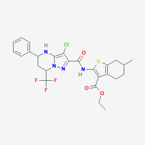 molecular formula C26H26ClF3N4O3S B445169 Ethyl 2-({[3-chloro-5-phenyl-7-(trifluoromethyl)-4,5,6,7-tetrahydropyrazolo[1,5-a]pyrimidin-2-yl]carbonyl}amino)-6-methyl-4,5,6,7-tetrahydro-1-benzothiophene-3-carboxylate 