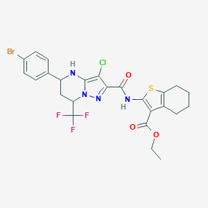 molecular formula C25H23BrClF3N4O3S B445175 Ethyl 2-({[5-(4-bromophenyl)-3-chloro-7-(trifluoromethyl)-4,5,6,7-tetrahydropyrazolo[1,5-a]pyrimidin-2-yl]carbonyl}amino)-4,5,6,7-tetrahydro-1-benzothiophene-3-carboxylate 