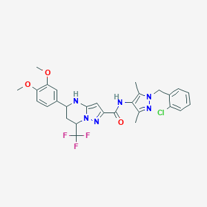 molecular formula C28H28ClF3N6O3 B445181 N-[1-(2-chlorobenzyl)-3,5-dimethyl-1H-pyrazol-4-yl]-5-(3,4-dimethoxyphenyl)-7-(trifluoromethyl)-4,5,6,7-tetrahydropyrazolo[1,5-a]pyrimidine-2-carboxamide 