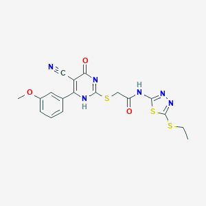 molecular formula C18H16N6O3S3 B445183 2-[[5-cyano-6-(3-methoxyphenyl)-4-oxo-1H-pyrimidin-2-yl]sulfanyl]-N-(5-ethylsulfanyl-1,3,4-thiadiazol-2-yl)acetamide 