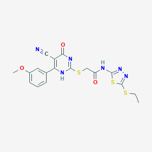 2-[[5-cyano-6-(3-methoxyphenyl)-4-oxo-1H-pyrimidin-2-yl]sulfanyl]-N-(5-ethylsulfanyl-1,3,4-thiadiazol-2-yl)acetamide