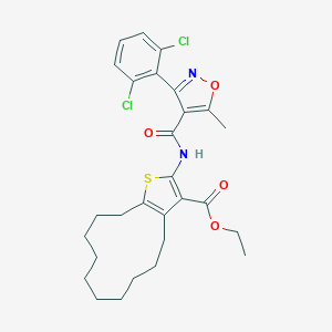 molecular formula C28H32Cl2N2O4S B445301 Ethyl 2-({[3-(2,6-dichlorophenyl)-5-methyl-4-isoxazolyl]carbonyl}amino)-4,5,6,7,8,9,10,11,12,13-decahydrocyclododeca[b]thiophene-3-carboxylate 