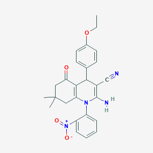 molecular formula C26H26N4O4 B445306 2-Amino-4-(4-ethoxyphenyl)-1-{2-nitrophenyl}-7,7-dimethyl-5-oxo-1,4,5,6,7,8-hexahydro-3-quinolinecarbonitrile 